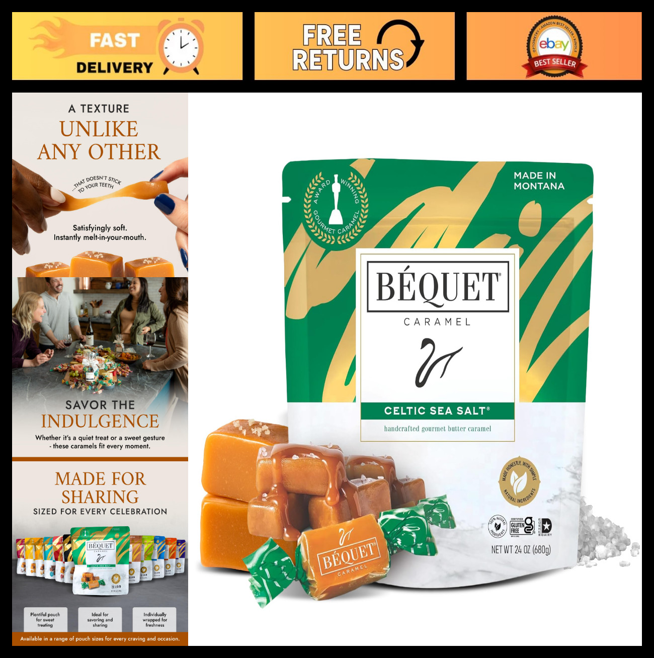 Gourmet Sea Salt Caramels – Soft, Individually Wrapped, Gluten-Free, Kosher – 24