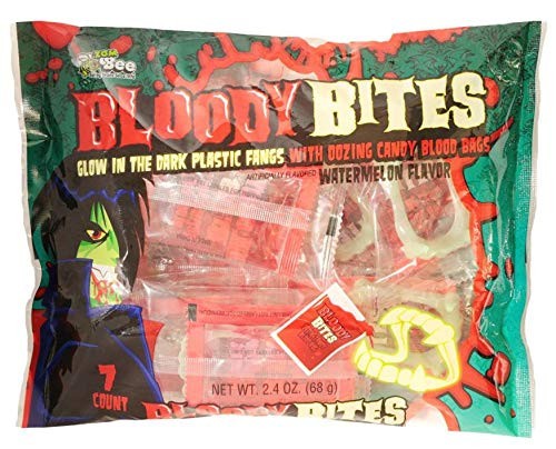 BLOODY BITES Watermelon Candy Glow in the Dark Fangs 2.4oz/7ct per Bag 2 BAGS