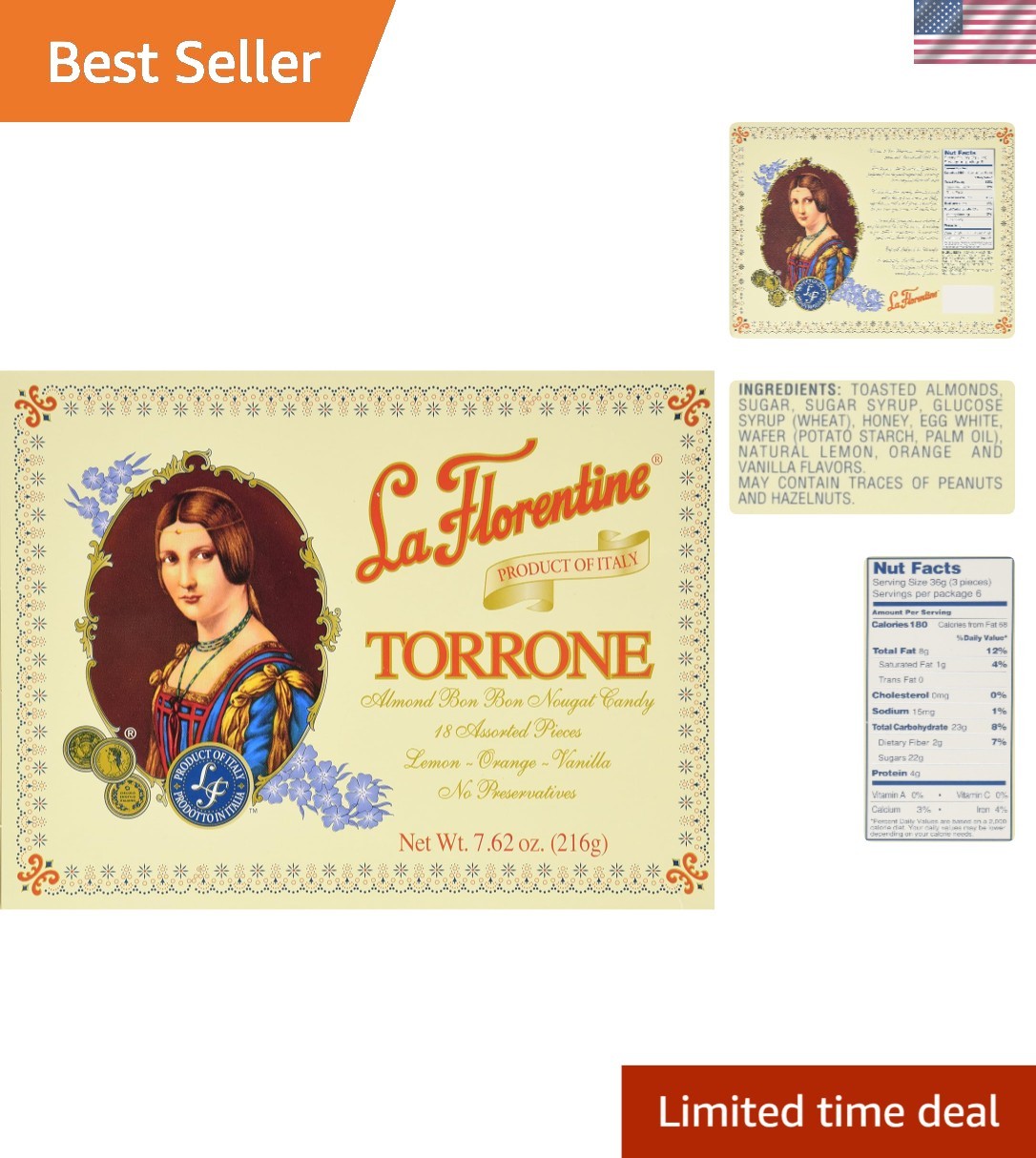 Indulge in 7.62oz of Gourmet Torrone: Nougat with Orange, Lemon, Vanilla
