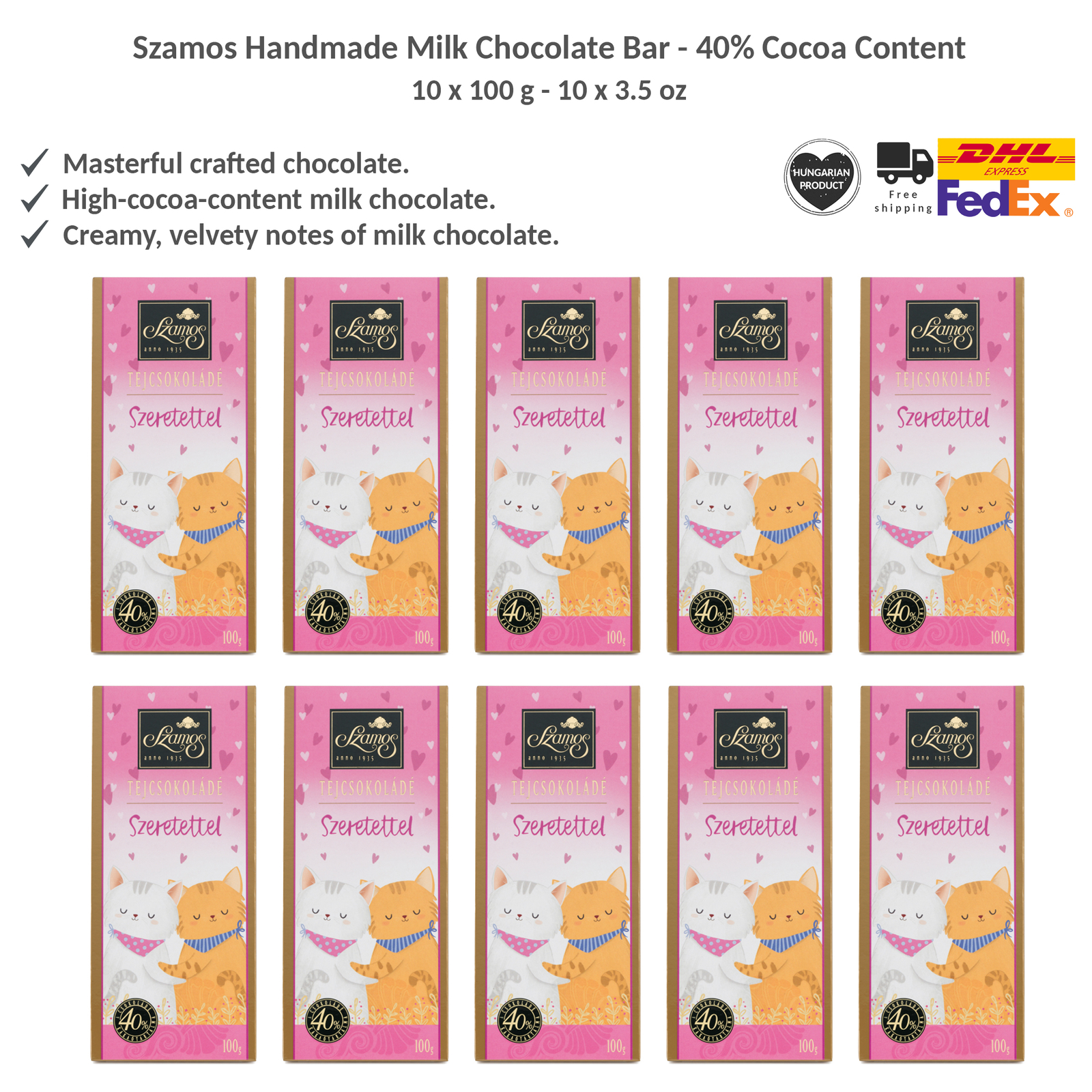 Szamos Milk Chocolate Bar High Cocoa Content Kitty Pattern Gift Wrapping 100gx10