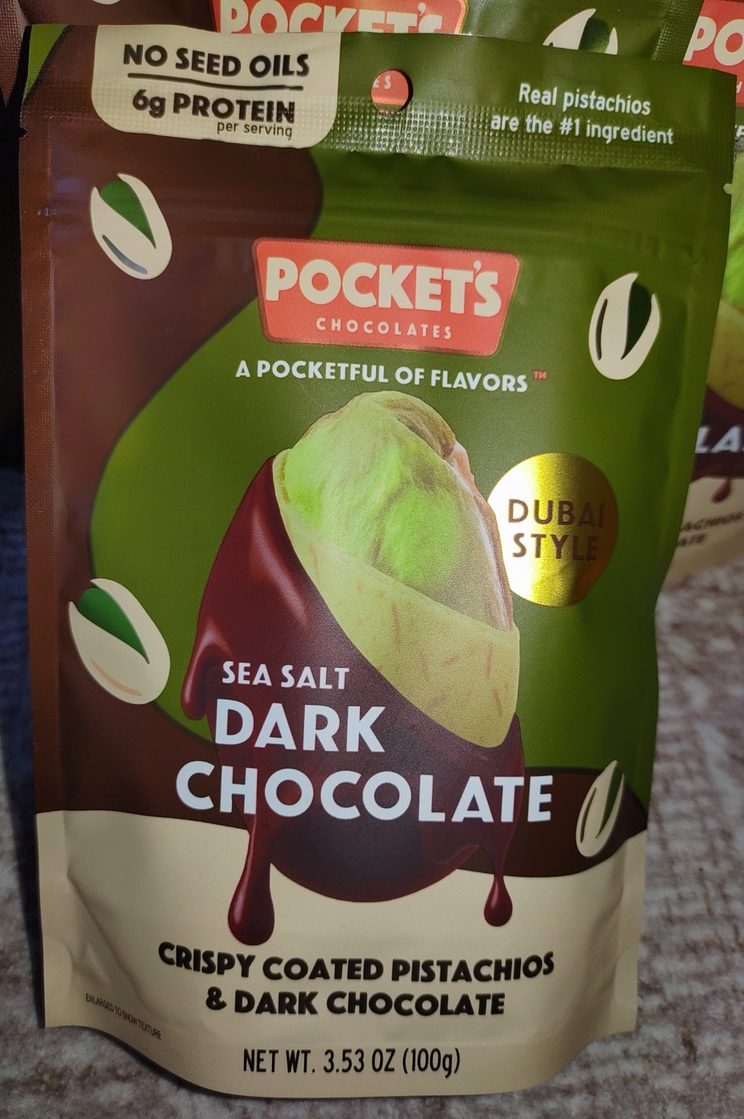 6x POCKET’S DUBAI STYLE CRISPY PISTACHIOS & DARK CHOCOLATES 3.53oz/ea NEW SEALED