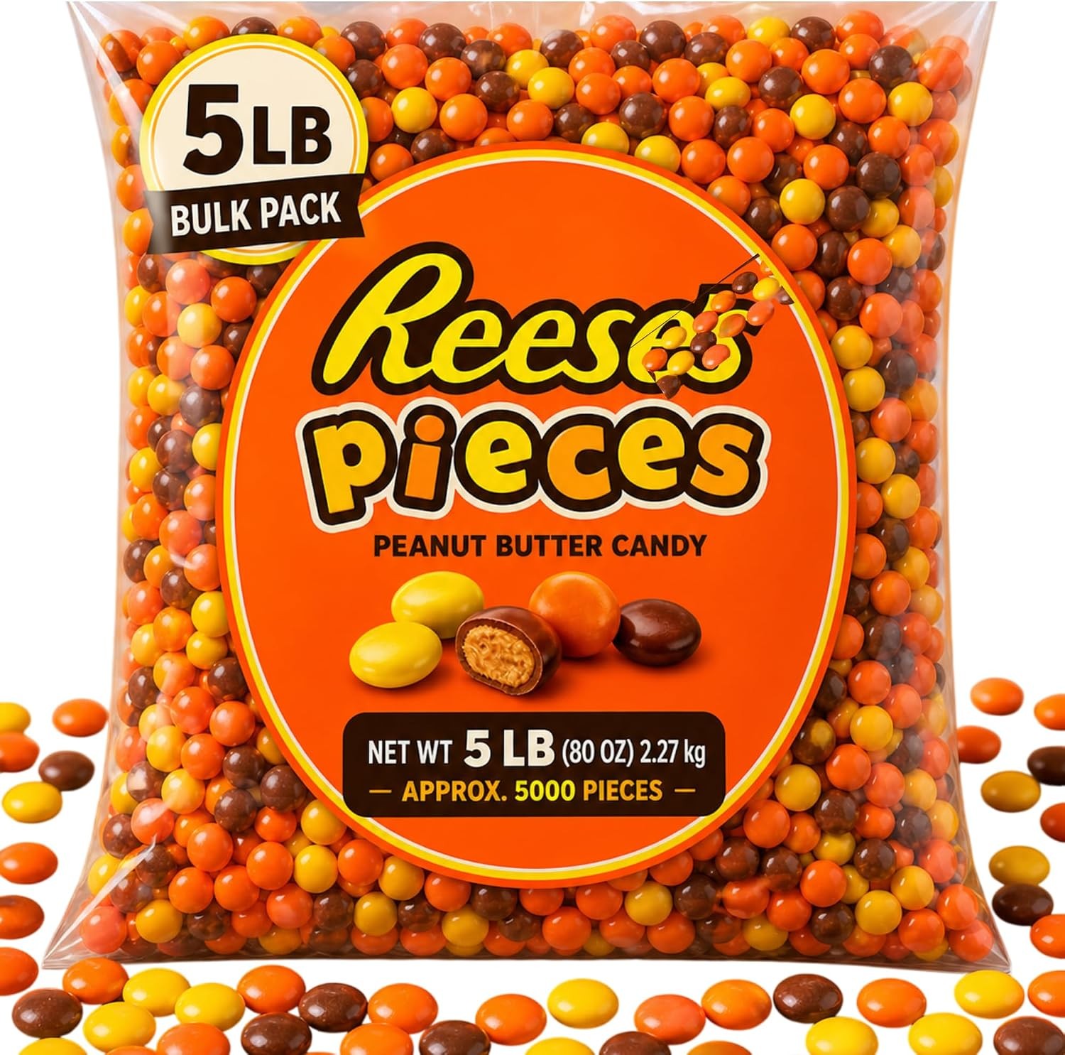 Reese Pieces Peanut Butter Candy 5 lb Bulk Bag, Crunchy Shell Peanut Butter