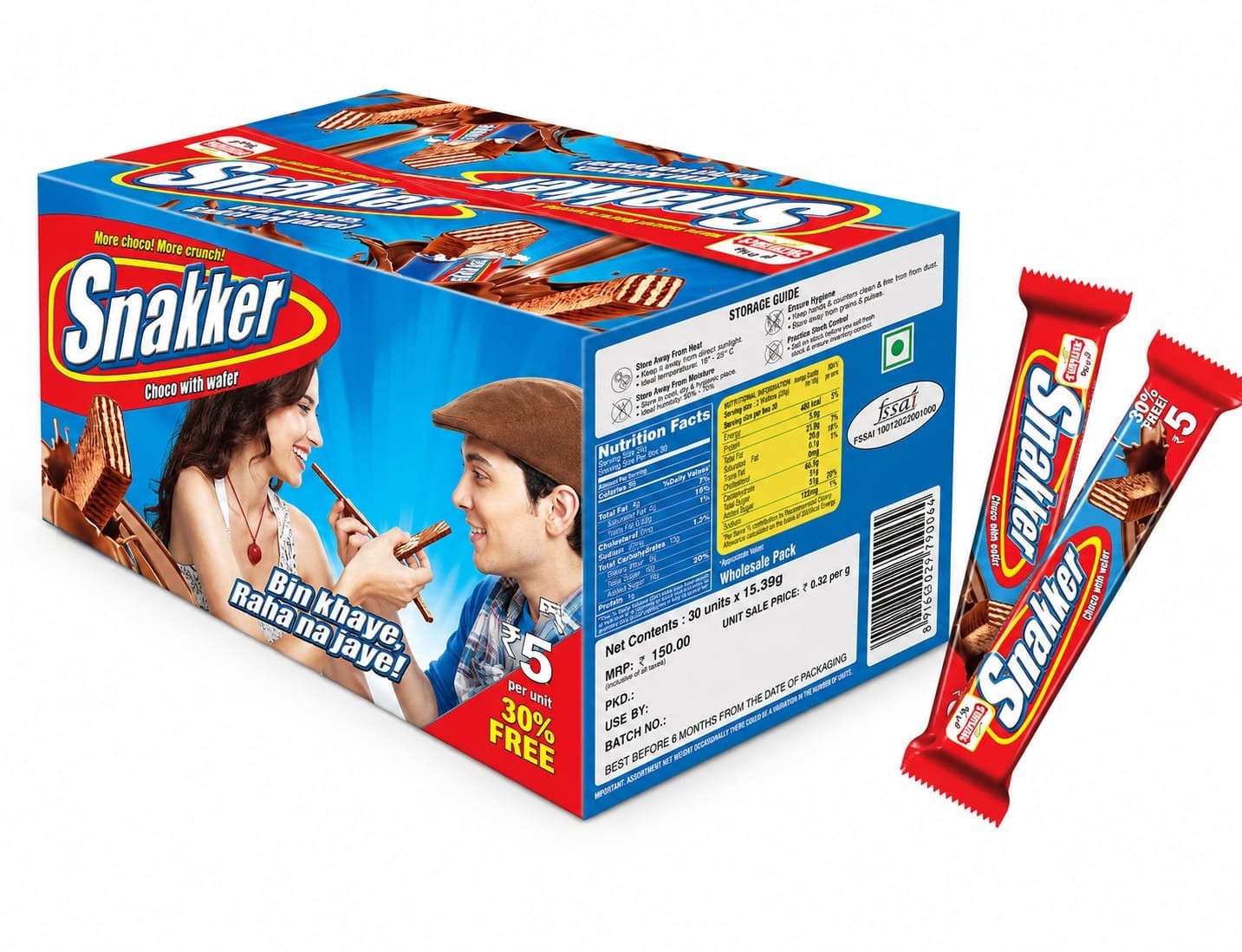 Snakker Crispy Chocolate Coated Wafer Bars 30 Pieces (15.39g each) Box
