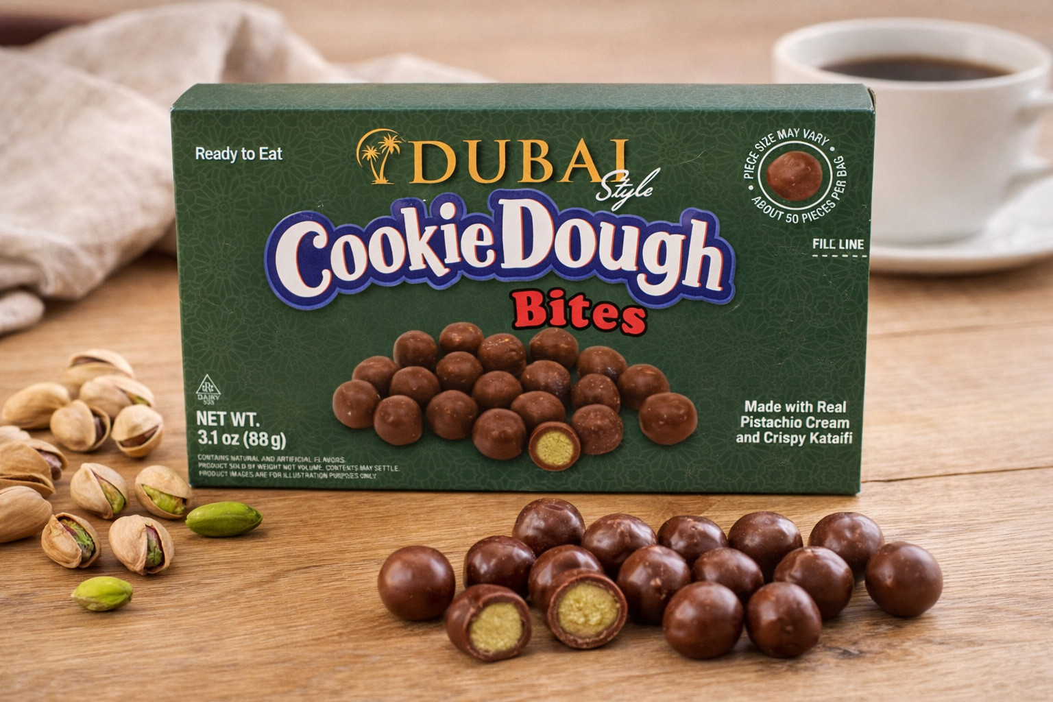 1 Pack/2 Pack/ 3 Pack Dubai Style Cookie Dough Bites Pistachio Cream Chocolate
