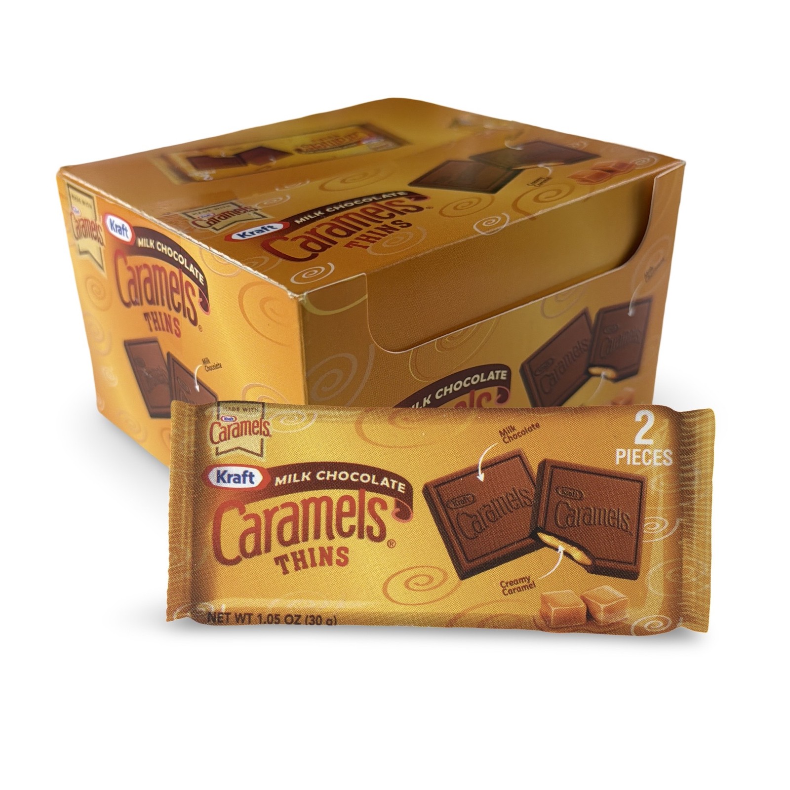 Kraft Milk Chocolate Caramel Thins, 2 Piece Packs 12 Count Box Individually Wrap