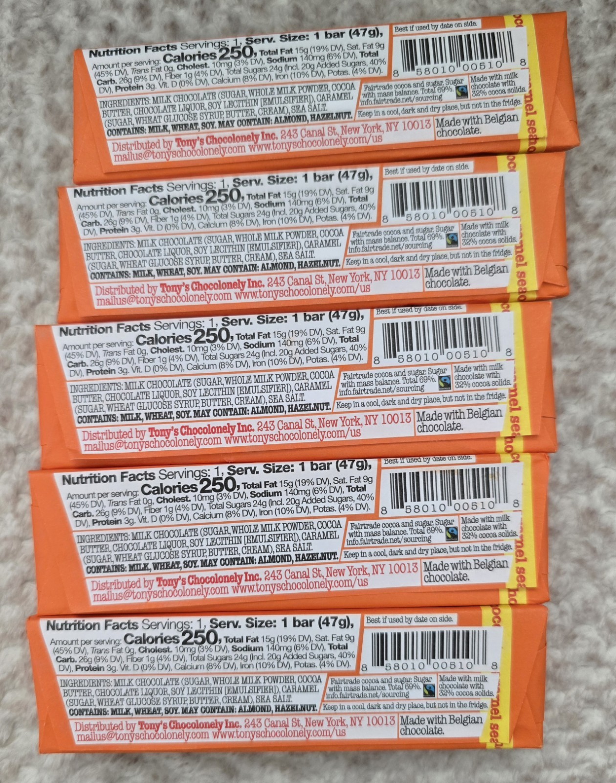 5x Tony’s Chocolonely Milk Chocolate Bar with Caramel and Sea Salt 1.66oz 5 PACK