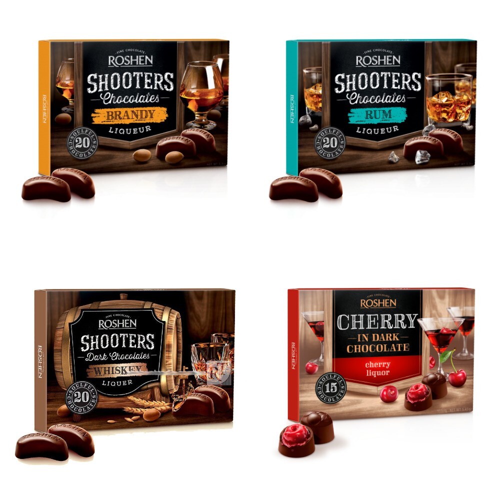Set of 4 Boxes Sweets ROSHEN “Shooters” Chocolate Candy with Rum, Brandy Liqueur