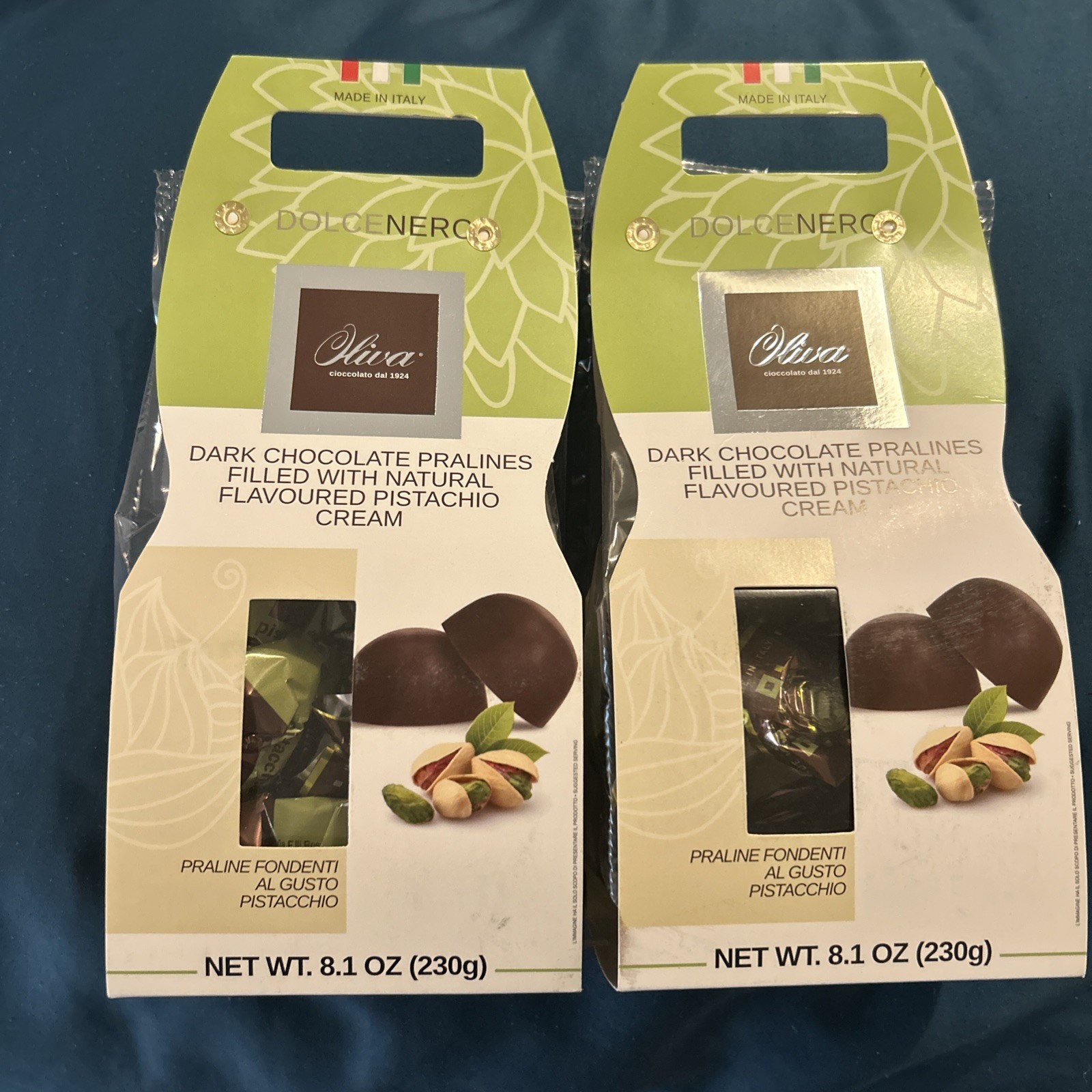 Oliva Dark Chocolate Pralines Pistachio Cream Set of 2 8.1 oz Bags Made in Italy