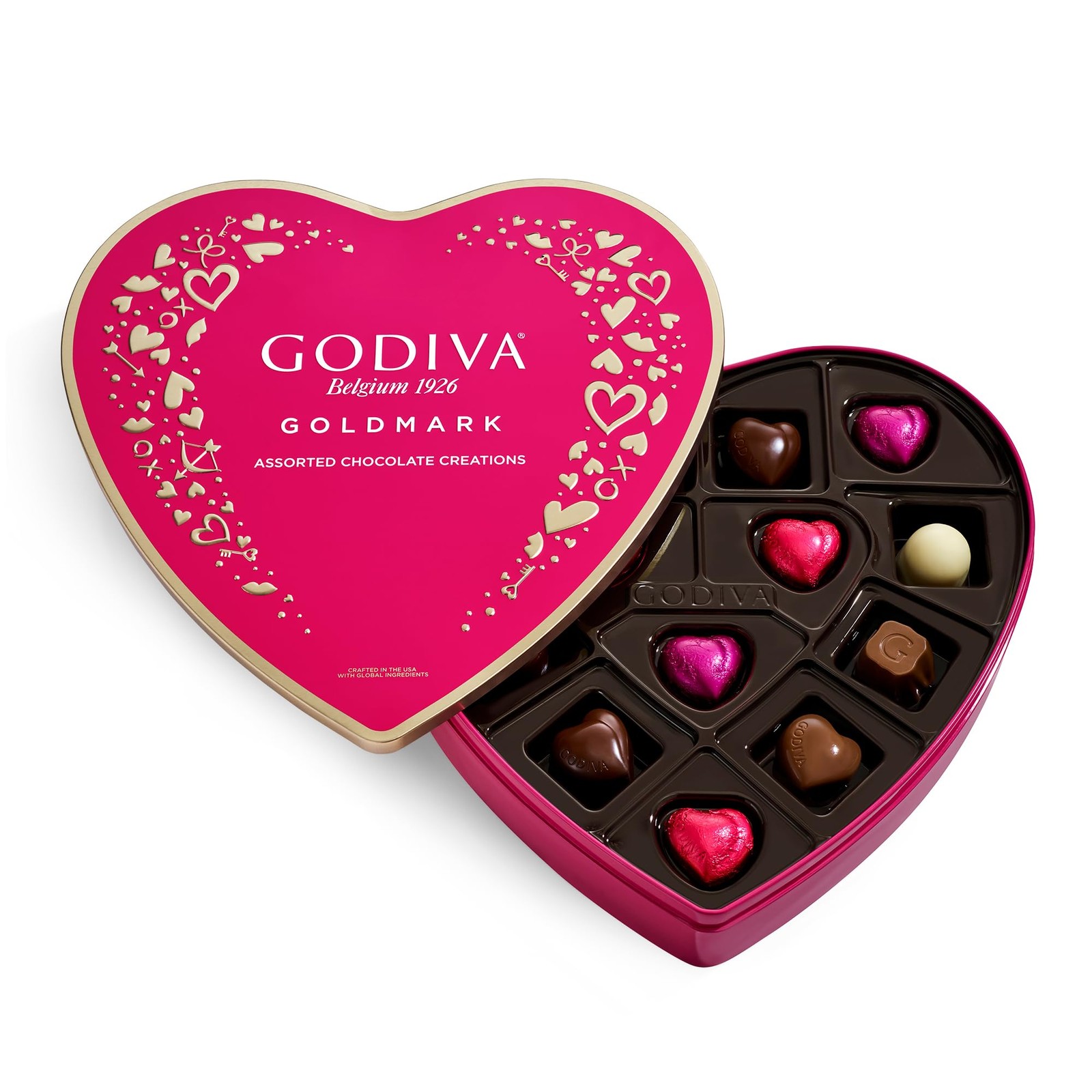 Godiva Goldmark Heart Chocolate Box, Assorted Milk, White and Dark Chocolates, E