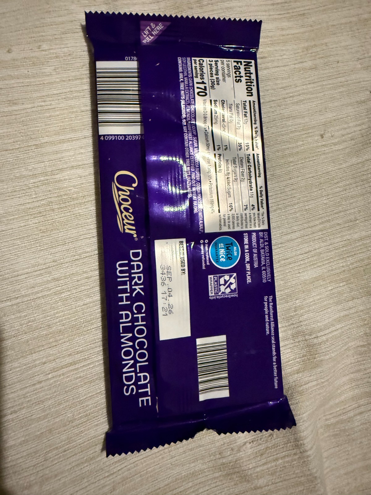 Choceur Dark Chocolate with Almonds Bar, 5.29oz 150g