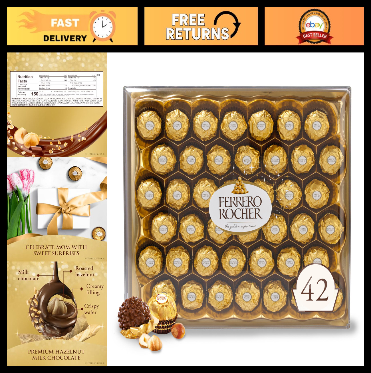 Gourmet Hazelnut Milk Chocolate Gift Box – 42 Individually Wrapped Treats, 18.5