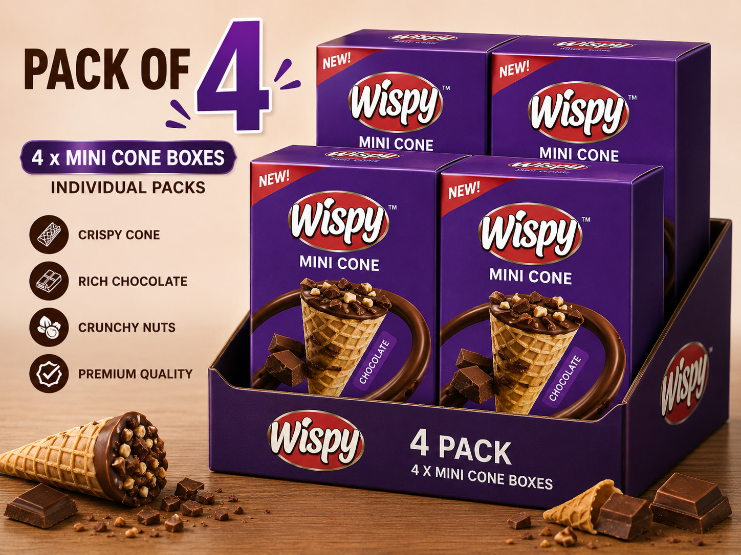 Pack of 4 Hilal Wispy Mini Cones Chocolate Crispy Wafer Snack 20 Pieces Box