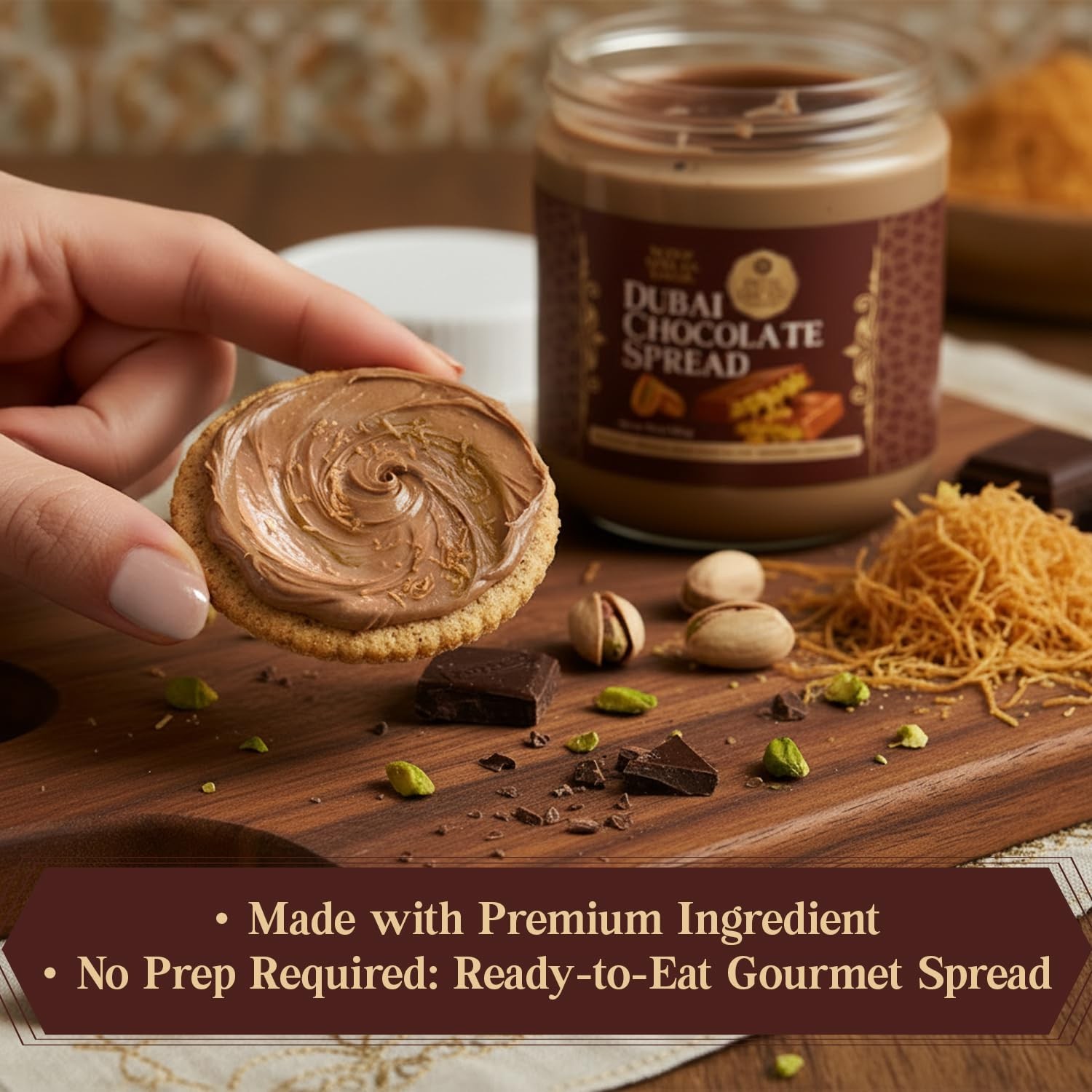 Dubai Chocolate Spread 8.3 oz with Pistachio Cream & Kataifi, Belgian Chocolate
