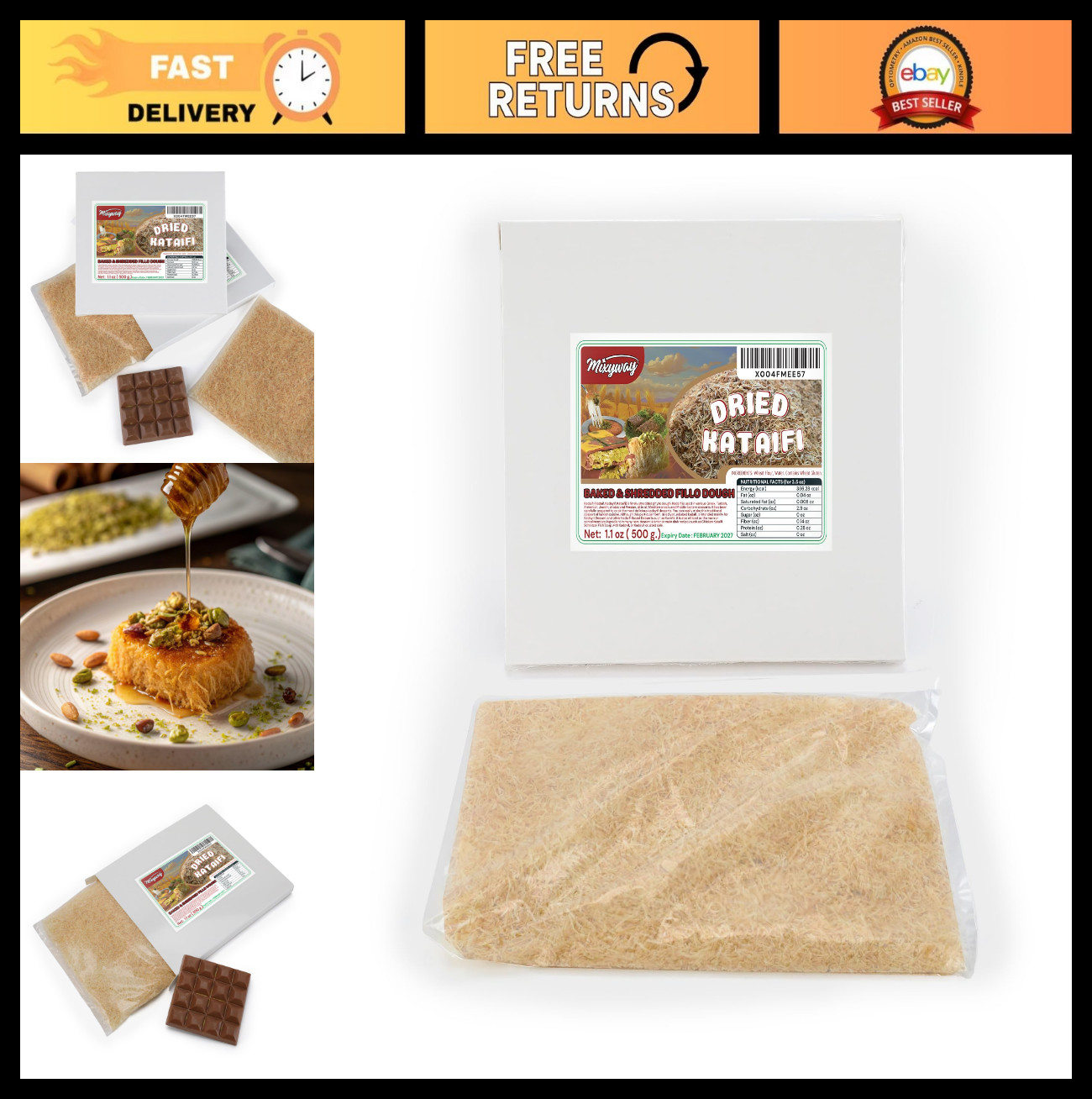 Baked Kataifi Shredded Fillo Dough 1.1 lbs for Knafeh, Kunafa, Pastry Treats