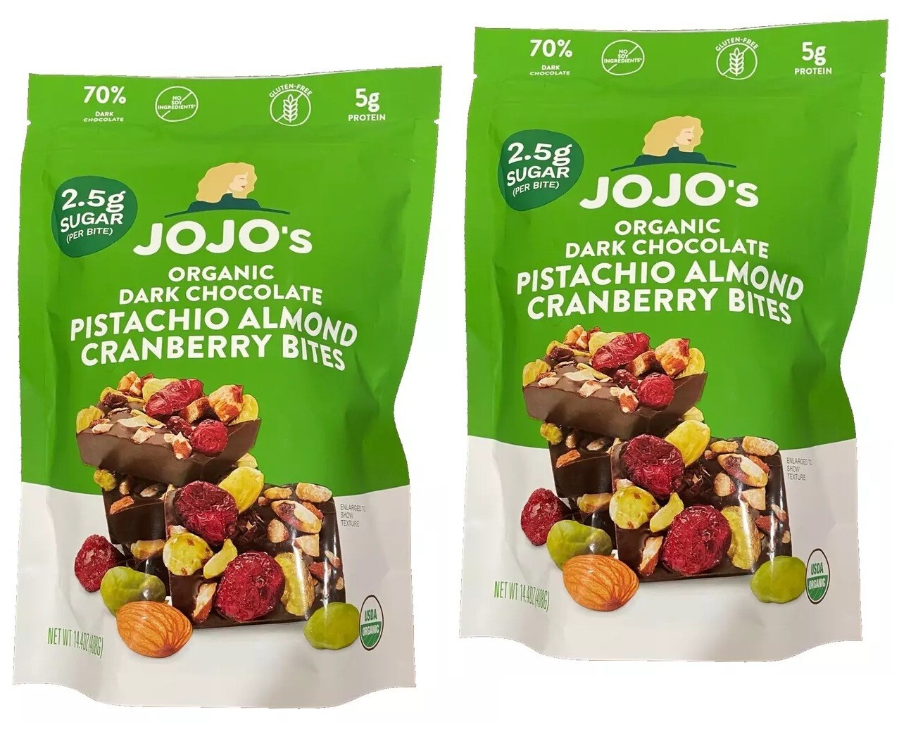 2-PACK JOJO’s Organic Dark Chocolate Pistachio Almond Cranberry Bites 14.4 oz ea