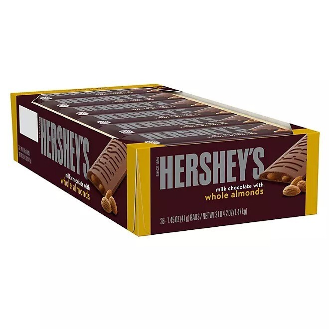 HERSHEY’S Milk Chocolate with Whole Almonds Candy Bars, 1.45 oz, 36 Count