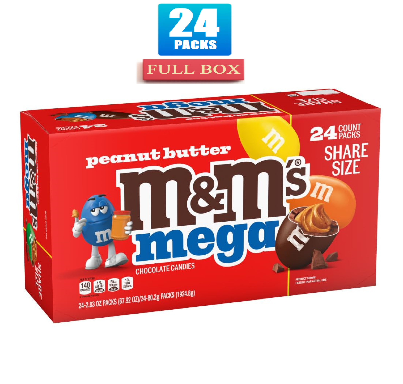 Full Box 24x Packs M&M’S Peanut Butter Chocolate Candy, Share Size – 2.83oz