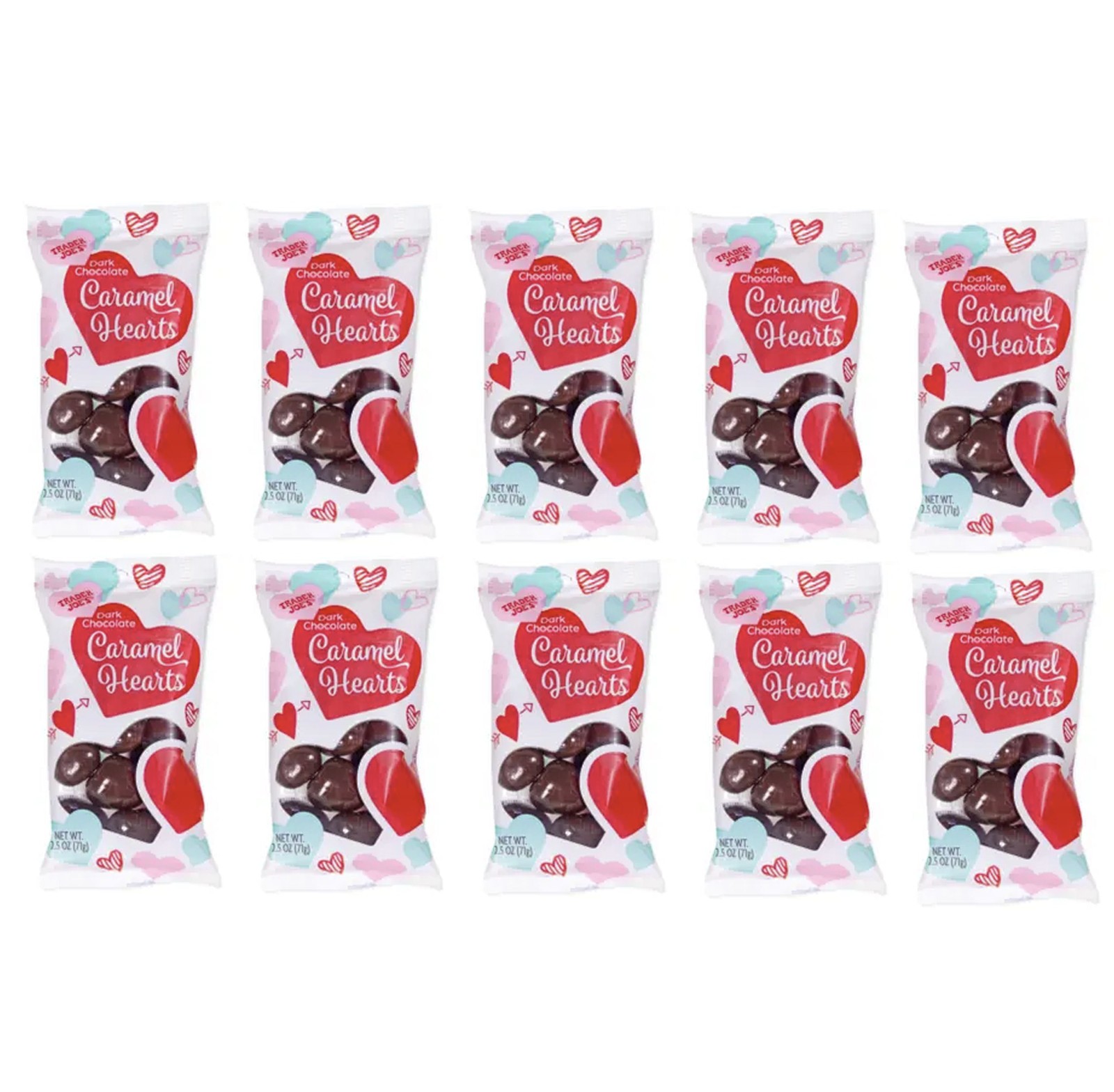 10 X Trader Joe’s Dark Chocolate Caramel Hearts 2.5 oz each BB 02/2027