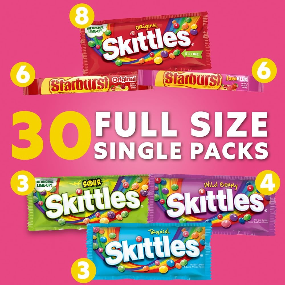 SKITTLES & STARBURST Candy Full Size Variety Mix 62.79-Ounce 30-Count Box