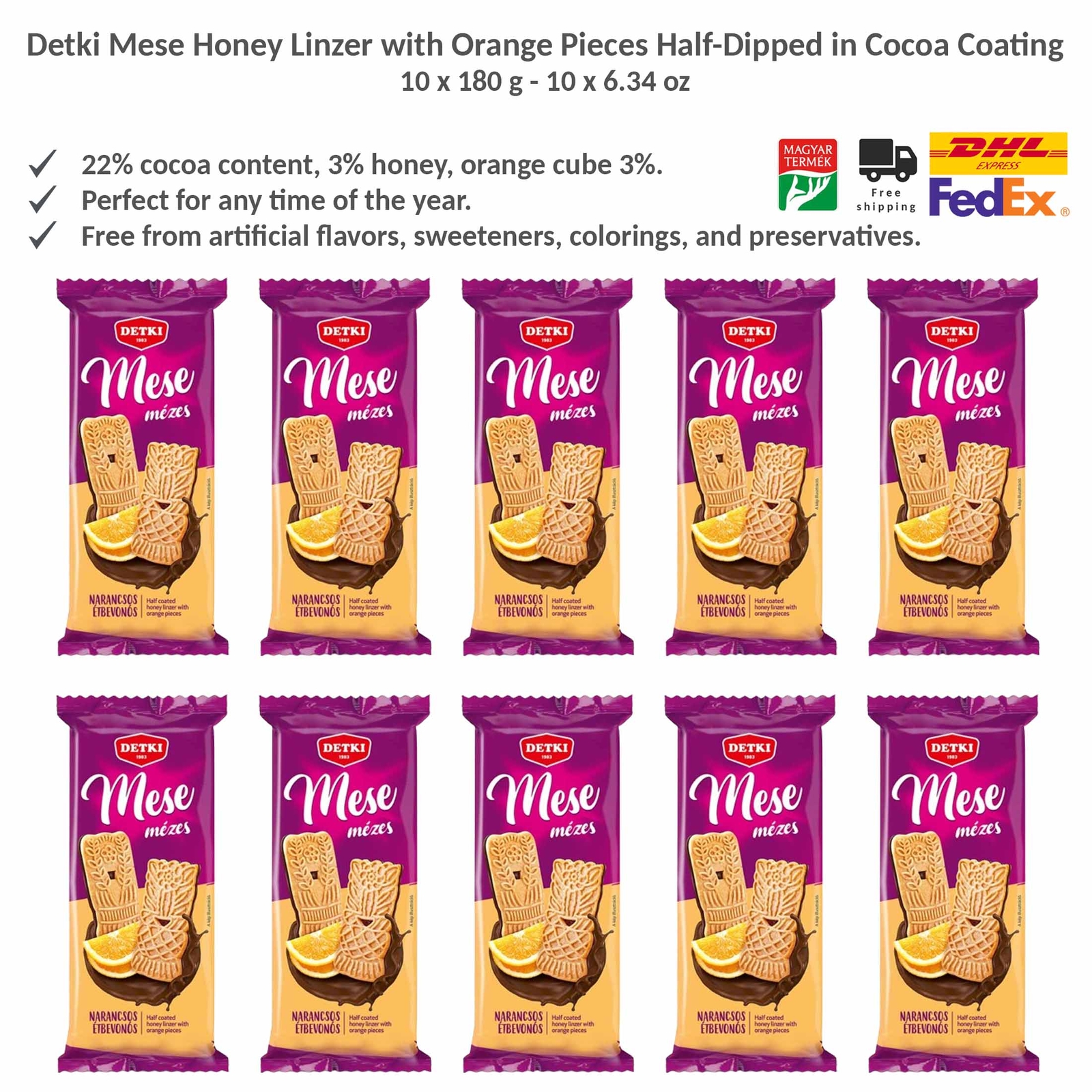 Detki Mese Honey Linzer with Orange Pieces Half-Dipped in Cocoa Coating, 10x180g