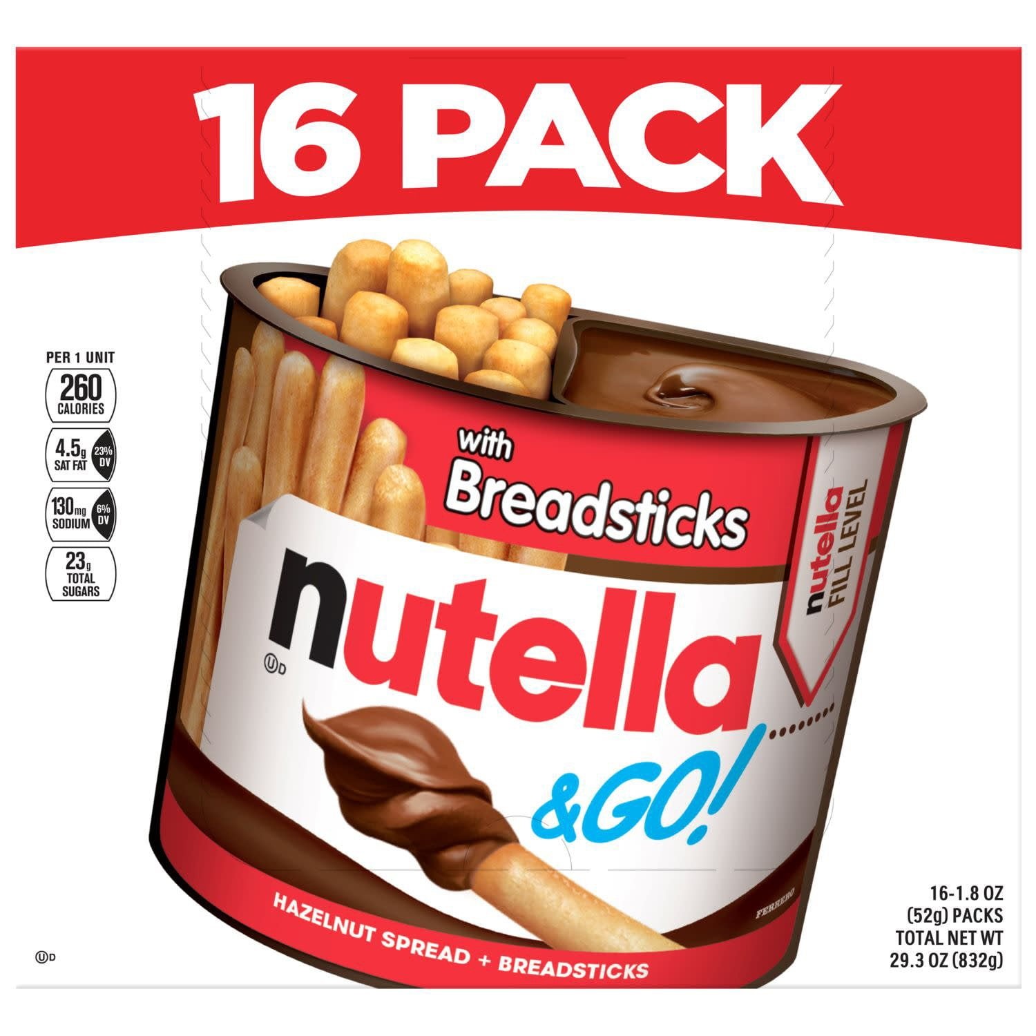 Nutella & GO! Bulk 16 Pack, Hazelnut and Cocoa Spread with Breadsticks, Stocking