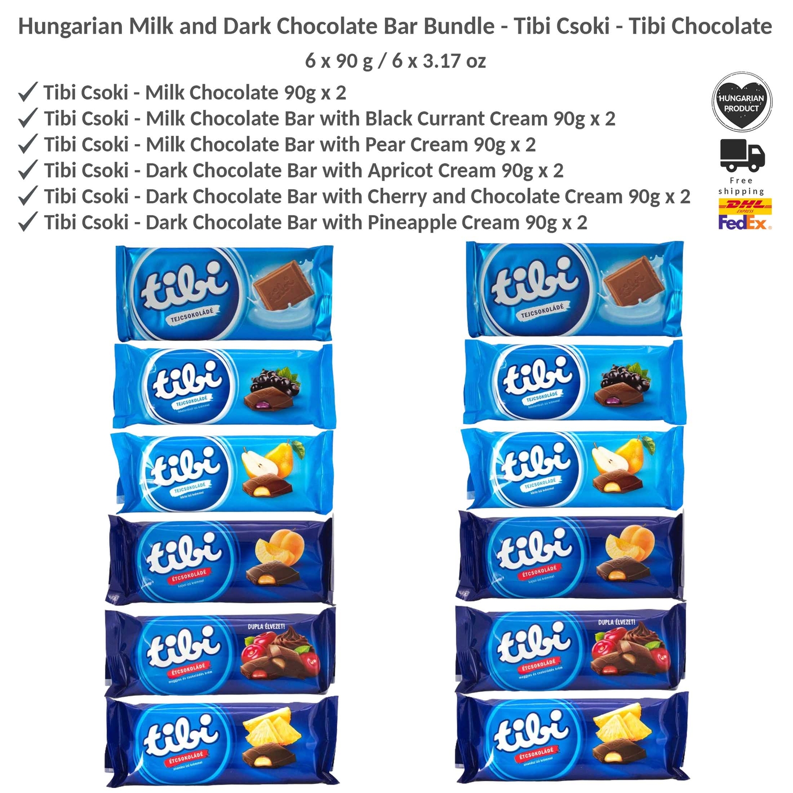 Hungarian Milk and Dark Chocolate Bar Bundle – Tibi Csoki – 12x90g