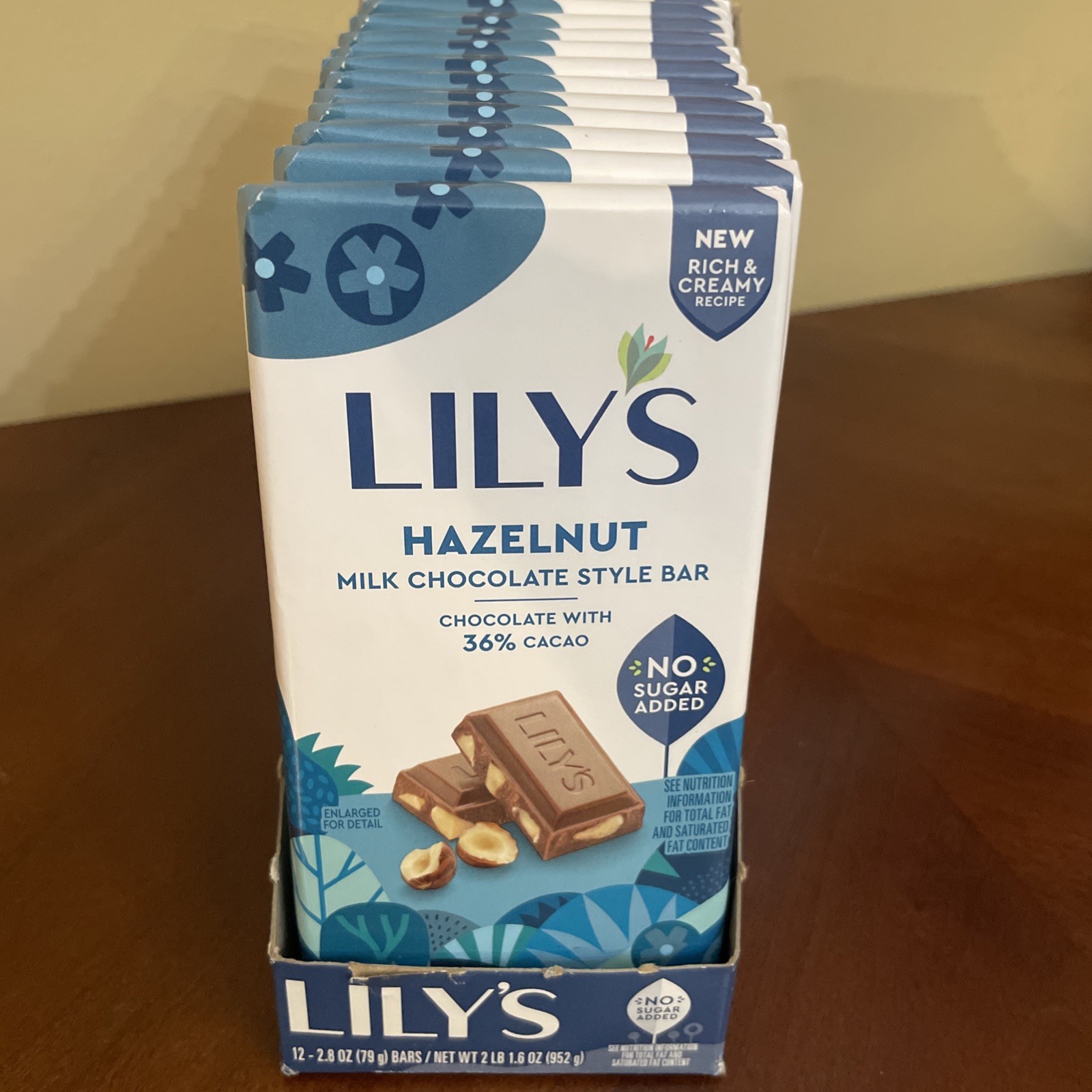 1 box of 12 Bars LILY’S Hazlenut Milk Chocolate Style Bars No Sugar Add BB 7/26