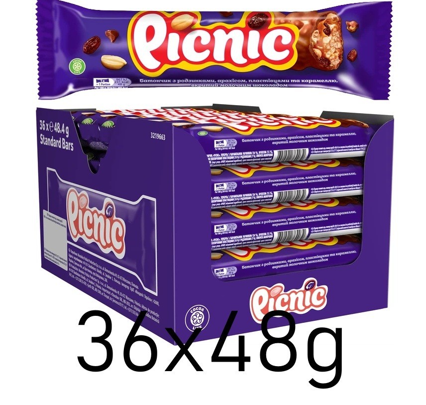 Picnic Milk Chocolate Bars with Caramel filling, Peanuts and Raisins Box 36x48g