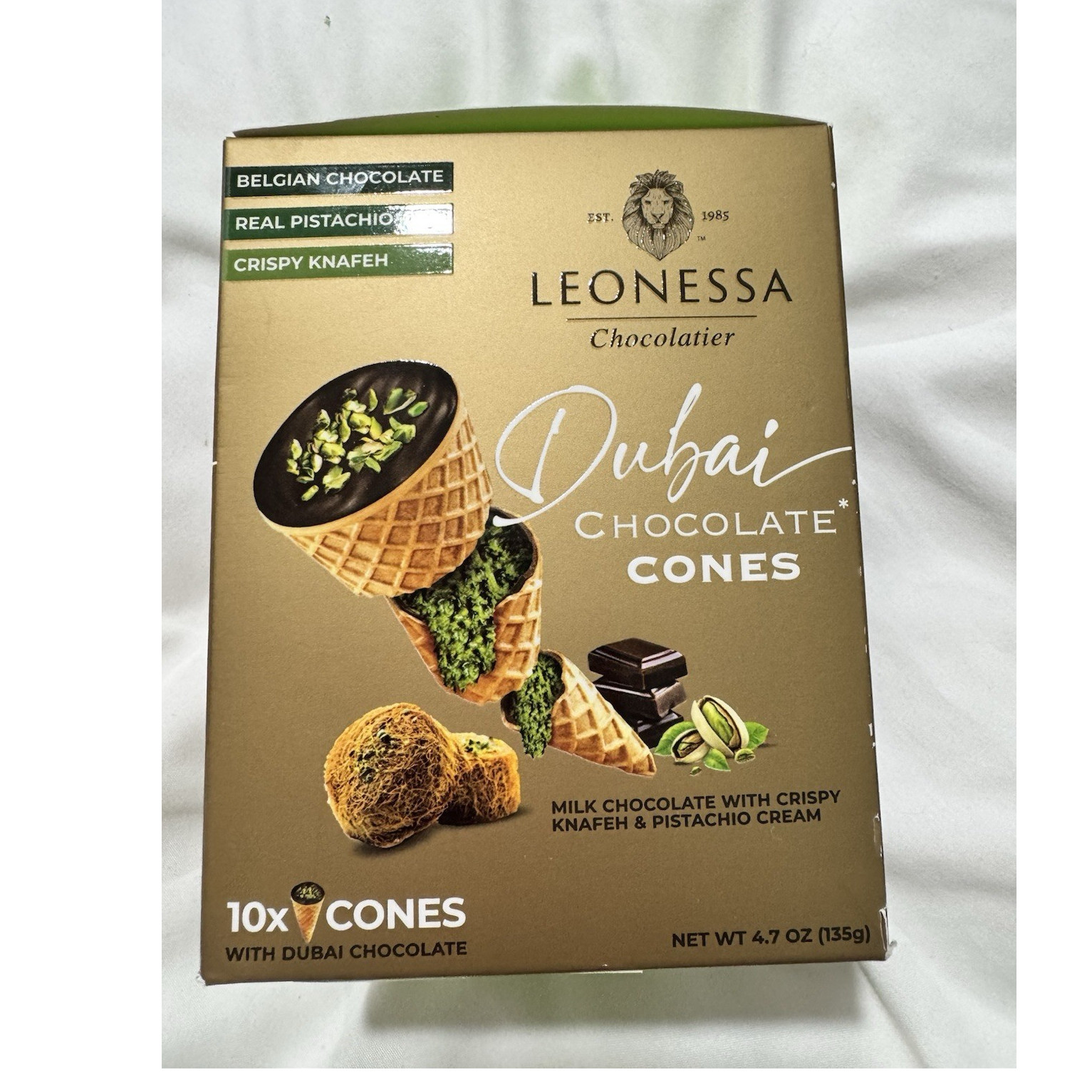 Leonessa Dubai Chocolate Cones Milk Chocolate Pistachio 10 ct Box 135 g