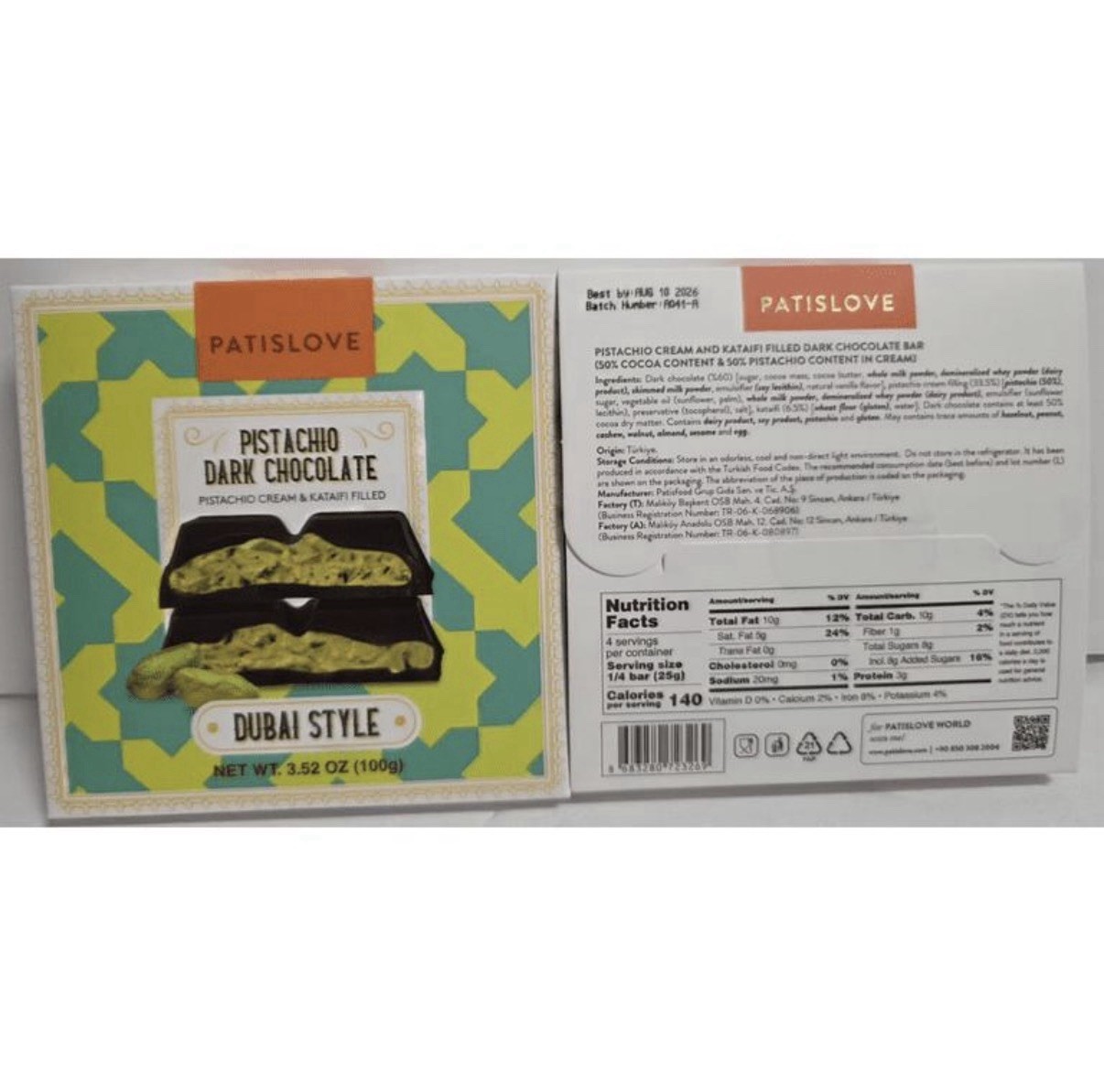 Trader Joe’s Pistachio Dark Chocolate Dubai Style PATISLOVE 3.52oz 100g (2 Pk)