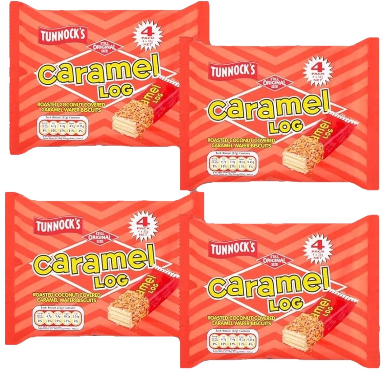 Tunnocks Milk Chocolate Caramel Logs Wafers – 16 Logs Wafers Bars (4 Packs)