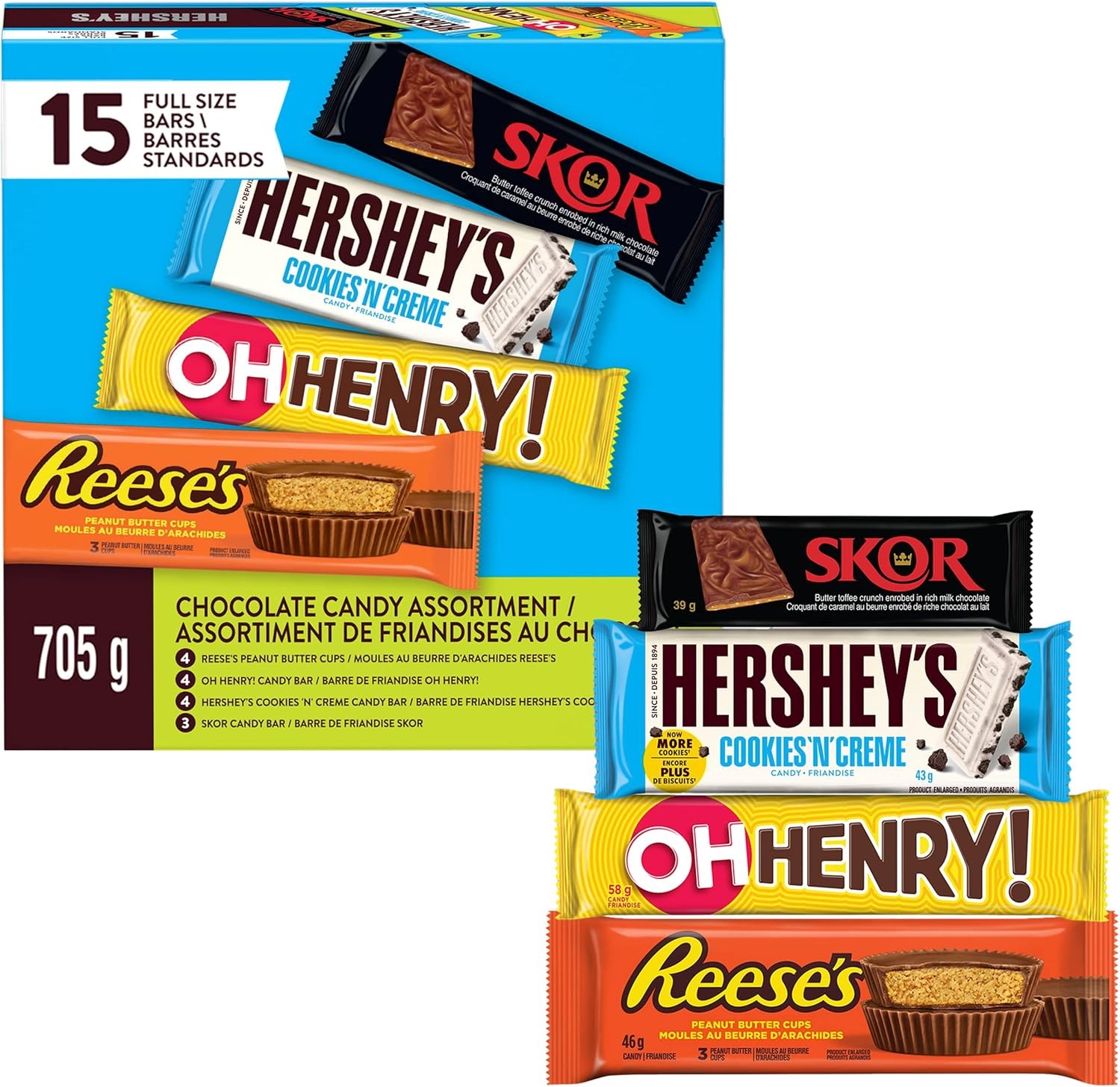 HERSHEY’S Full‑Size Chocolate Bars Variety Pack – 15 Bars, 705 g, Individually W