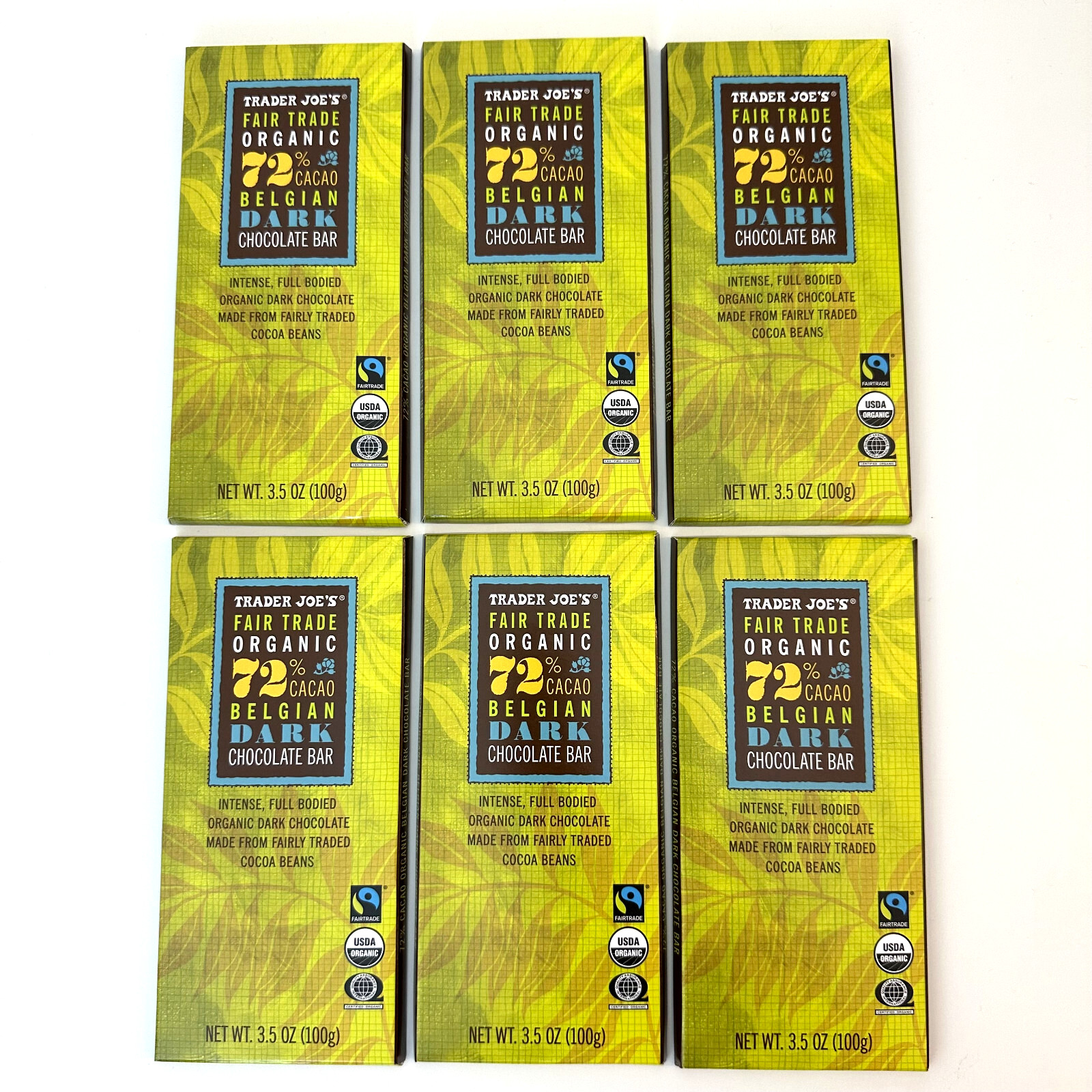 6 X Trader Joe’s Fair Trade Organic 72% Cacao Belgian Dark Chocolate Bar