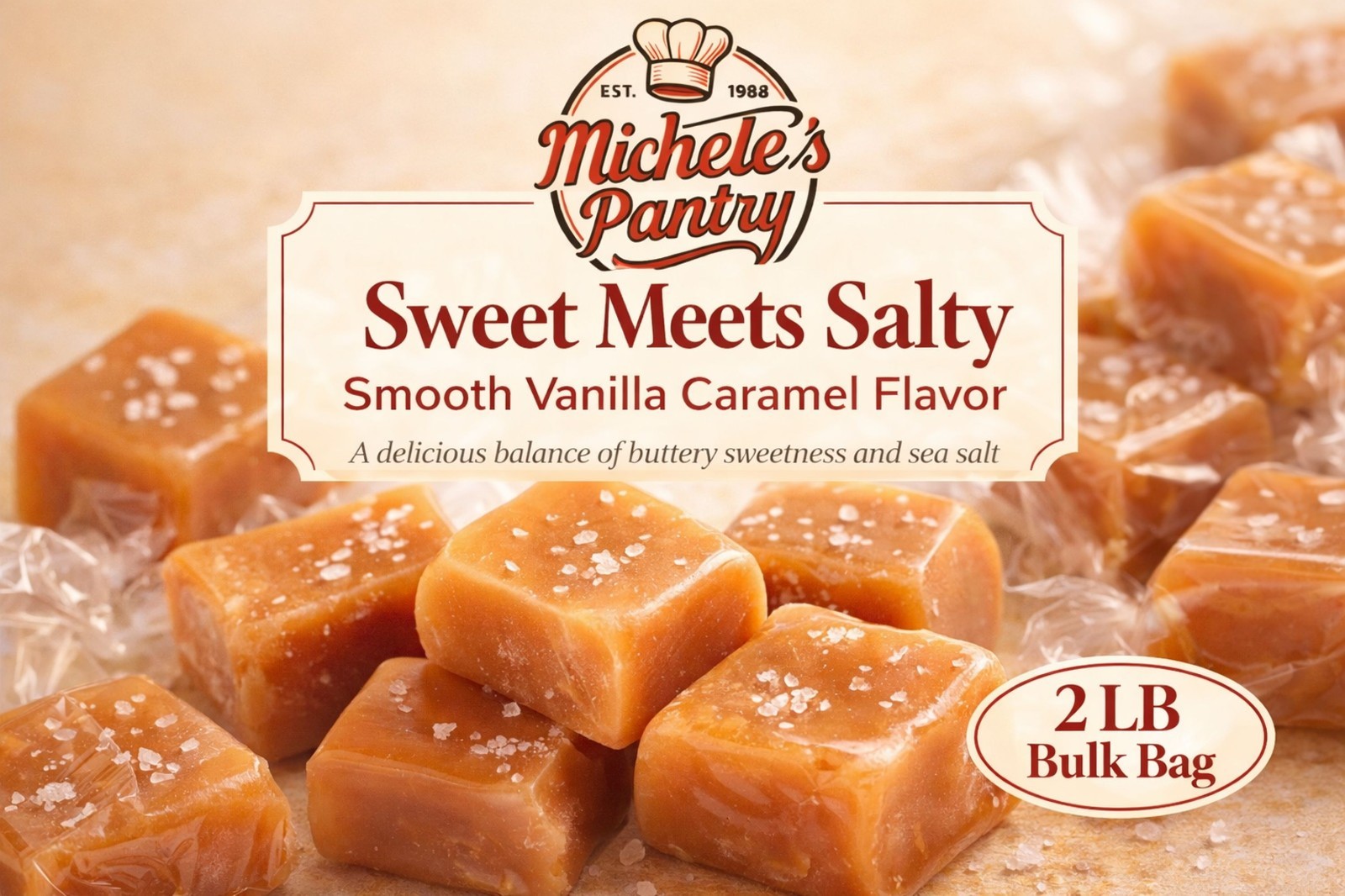 Vanilla Sea Salt Caramels 2 Lb Bulk Bag Soft Chewy Candy Squares Wrapped