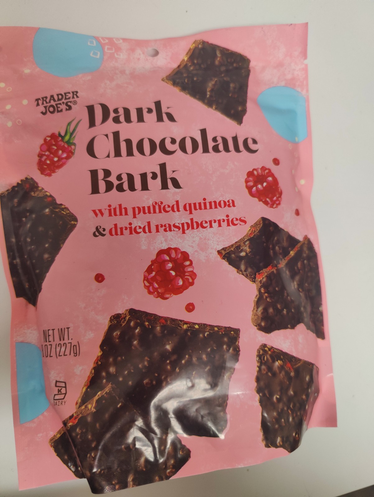 Trader Joe’s Dark Chocolate Bark Puffed Quinoa Dried Raspberries 8 oz