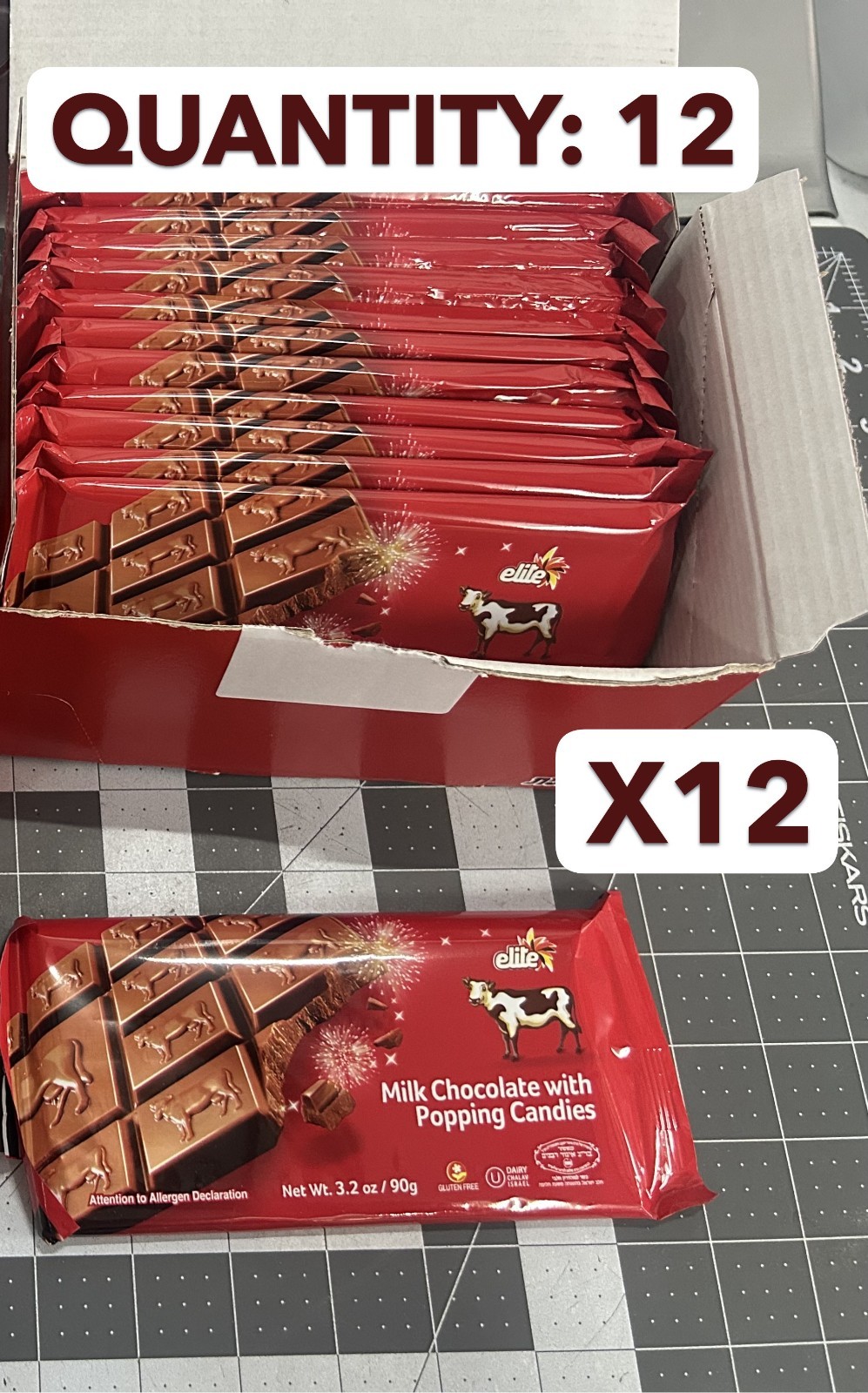 12-pack lot Elite Milk Chocolate Bar With Popping Candy Made in Israel Kosher